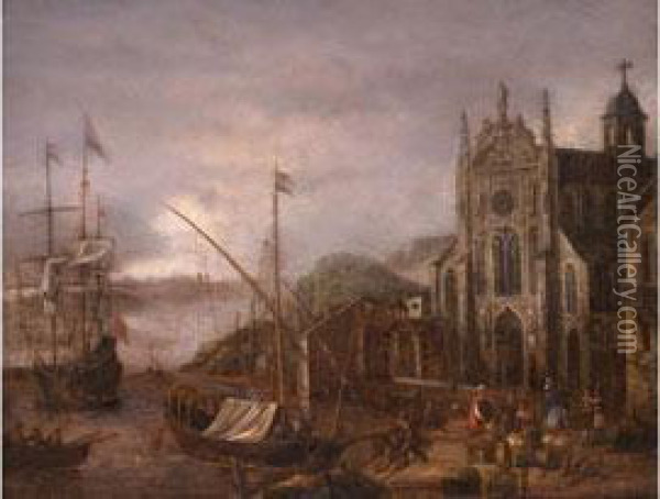 Uferlandschaft Mit Gotischer Kathedrale Und Anliegenden Schiffen Oil Painting - Abraham Storck