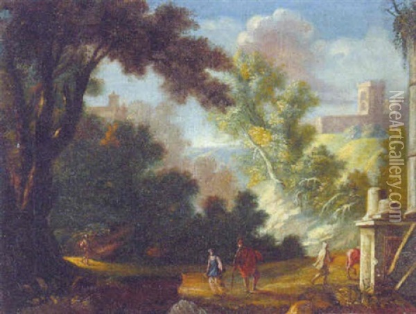 An Italianate Landscape With Peasants By Classical Ruins, A Hilltop Catle Beyond Oil Painting - Marco Ricci