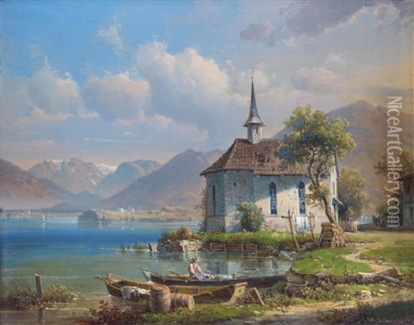 Kapelle Am See Mit Fischerbooten Oil Painting - Wilhelm Scheuchzer
