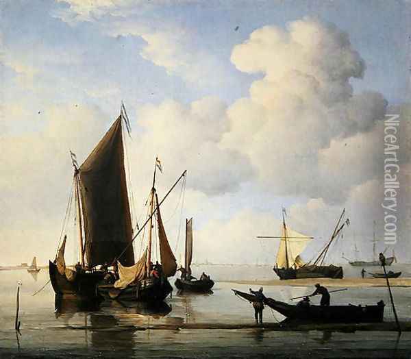 Calm Fishing Boats at low water, c.1660 Oil Painting - Willem van de Velde the Younger