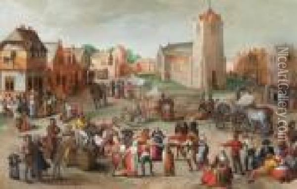 Mercato In Piazza Di Fronte Alla Chiesa Nen Villaggio Di Hoboken Presso Anversa Oil Painting - Gillis Mostaert