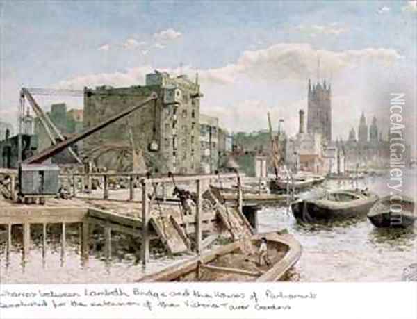 Riverside View of the Wharves between Lambeth Bridge and the Houses of Parliament Oil Painting - John Phillipp Emslie