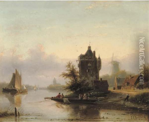 Taking The Ferry On A Summer's Day Oil Painting - Jan Jacob Coenraad Spohler