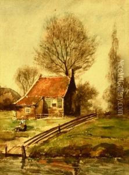 Landbouwershuisje. Gesigneerd Oil Painting - Johan Cornelis Van Hulsteijn