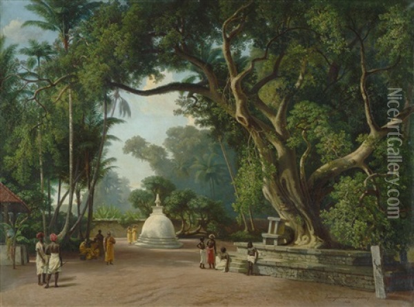 Ceylon: Monche Unter Einem Bodhi Baum Oil Painting - Hermann Reichsfreiherr von Koenigsbrunn