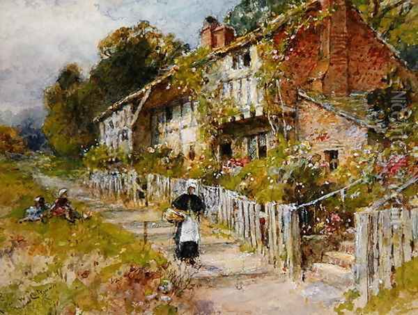 Cottages - a row of cottages with a figure and other children playing Oil Painting - William Stephen Coleman