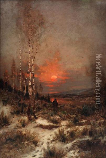 Abendliche Winterlandschaft Mit Einem Jager Oil Painting - Ludwig Lanckow