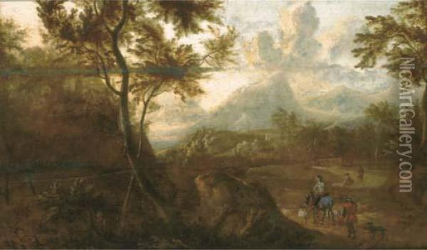 A Wooded Landscape With Travellers On A Path Oil Painting - Jan Both