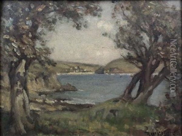Trees Framing A Water Landscape Oil Painting - Percy William Gibbs