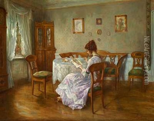 Biedermeierinterior Med Ung Pige Ved Sytojet Oil Painting - Otto Theodore Gustav Lingner