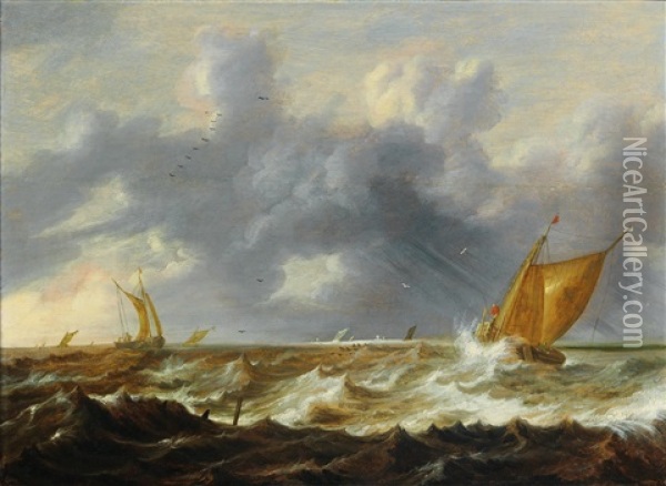 Sailing Boats In Choppy Waters Oil Painting - Cornelis Mahu