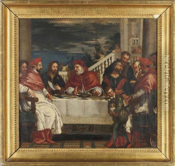 A Pope, Cardinals And Other Figures Feasting Oil Painting - Paolo Veronese (Caliari)