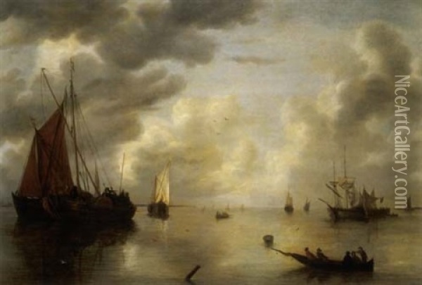 Ruhige See Am Morgen Mit Schiffen Und Booten Oil Painting - Jan Van De Cappelle