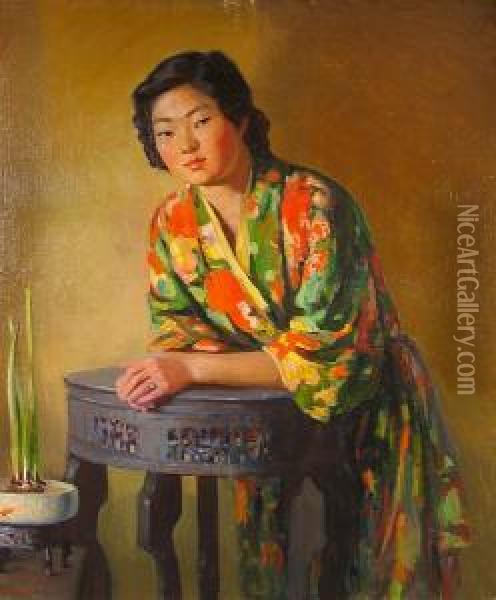 A Portrait Of A Japanese Woman Wearing A Kimono Oil Painting - Robert Alexander Graham