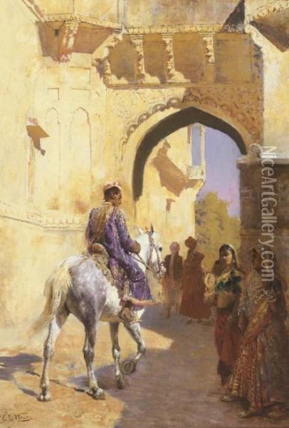 A Street Scene In North West India, Probably Udaipur Oil Painting - Edwin Lord Weeks
