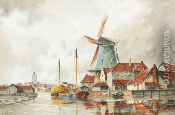 A Dutch Harbour Oil Painting - Hermanus Jr. Koekkoek