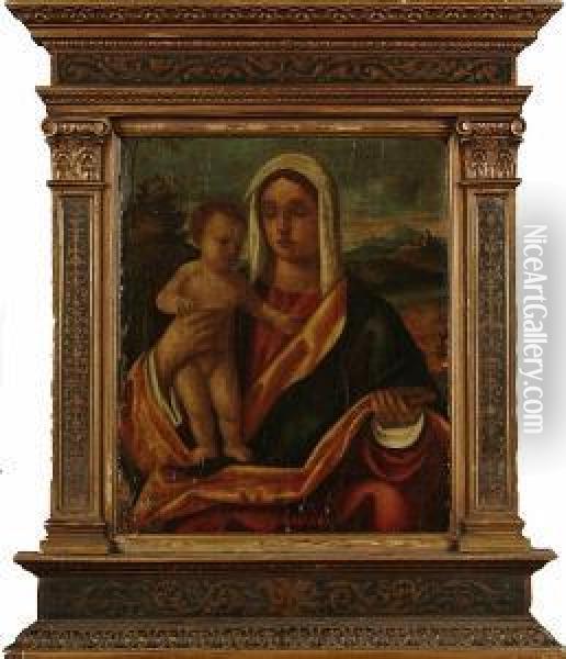 The Madonna And Child In A Landscape Oil Painting - Giovanni Bellini
