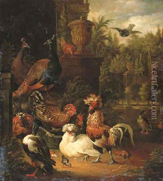 A rooster with hens, chicks, ducks, peacocks and pigeons Oil Painting - Pieter Van Mase