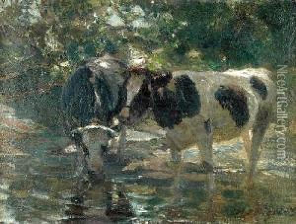 Krowy U Wodopoju Oil Painting - Heinrich Von Zugel