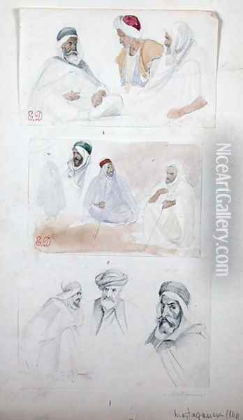 Sketches of Algerian Men at Mostaganem, from Vues et Portrait Faits Pendant la Campagne de Mai 1840, 1840 Oil Painting - Felix Philippoteaux
