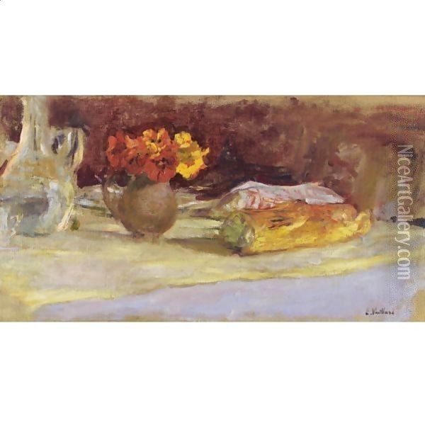 Bouquet De Capucines, Carafe Et Pain Sur Une Table Oil Painting - Jean-Edouard Vuillard