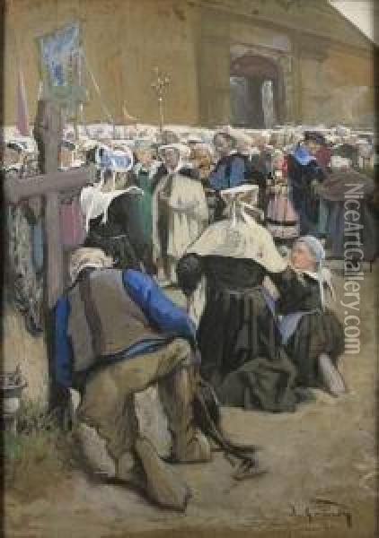 La Procession En Bretagne Oil Painting - Adolphe Gumery