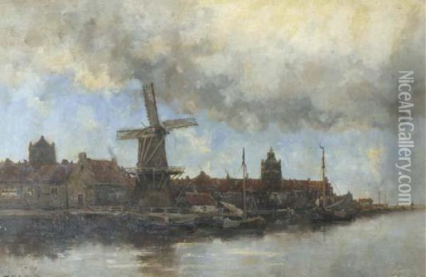 A View Of A Dutch Town Along A River Oil Painting - Hermanus Jr. Koekkoek