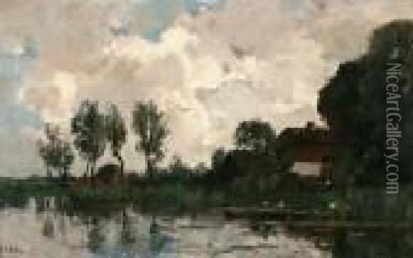 Boerderij En Bomen Aan Het Water Oil Painting - Theophile Emile Achille De Bock