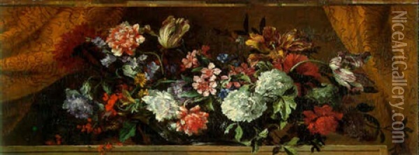 Flowers In A Glass Bowl On A Stone Ledge Oil Painting - Jean-Baptiste Monnoyer