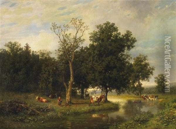 Flusslandschaft Mit Kuhen Und Hirtenpaar Oil Painting - Amelie Ulrika Sofia von Schwerin