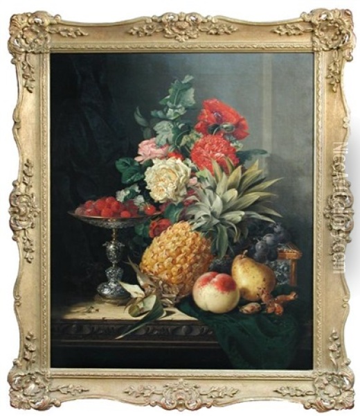 Still Life With A Pineapple, Roses, Carnations, Cob Nuts, Peaches, A Pear, Black Grapes, Raspberries On A Parcel Gilt Tazza, With A Parcel Gilt Casket, On A Table Oil Painting - Edward Ladell