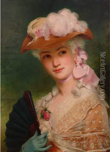 Portrait D Une Elegante A L Eventail Oil Painting - Charles Edouard Boutibonne