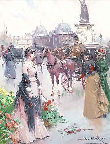 Elegant ladies in a Parisian street Oil Painting - Joan Roig Soler