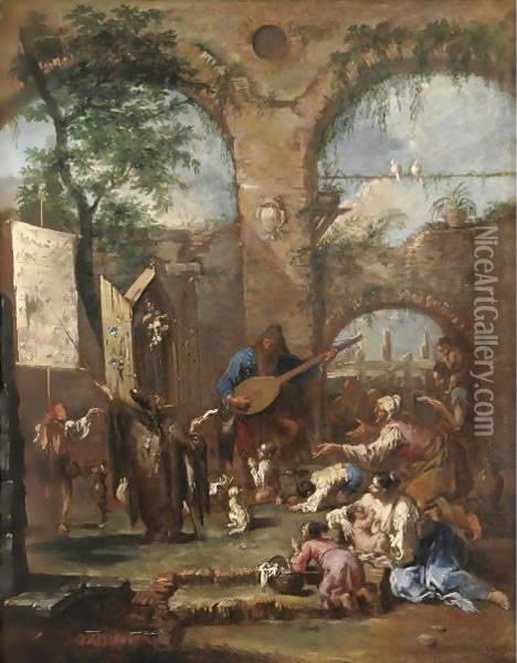 An Architectural Capriccio With A Musician And Peasants Before A Portable Altar With Saint Anthony Of Padua Oil Painting - Alessandro Magnasco