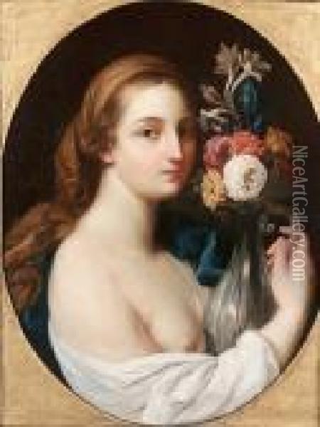 A Woman, Bust-length, Holding A Vase Of Flowers Oil Painting - Pompeo Gerolamo Batoni