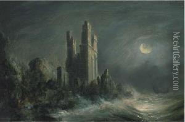 A Ruined Castle On A Stormy Moonlit Coast Oil Painting - Abraham Pether