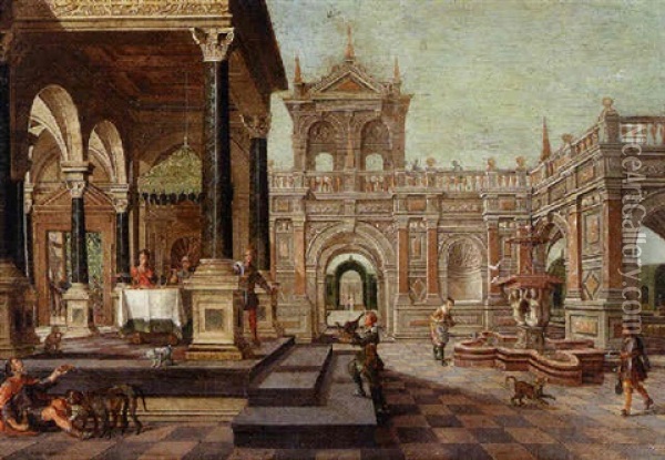 A Fantastical Palace Courtyard With Dives In The House Of Lazarus Oil Painting - Nicolas de Gyselaer