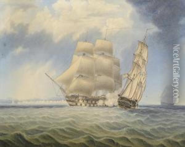 A British Third Rate Engaging A Spanish Two-decker Off Cadiz Oil Painting - Thomas Sewell Robins