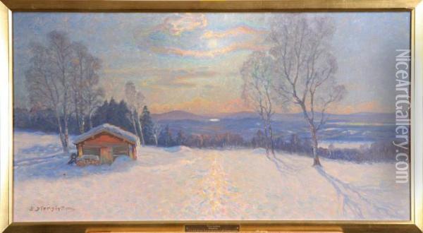 Vinterlandskap Med Timmerhus,, Signerad J E Stenstrom Oil Painting - John Edward Borein