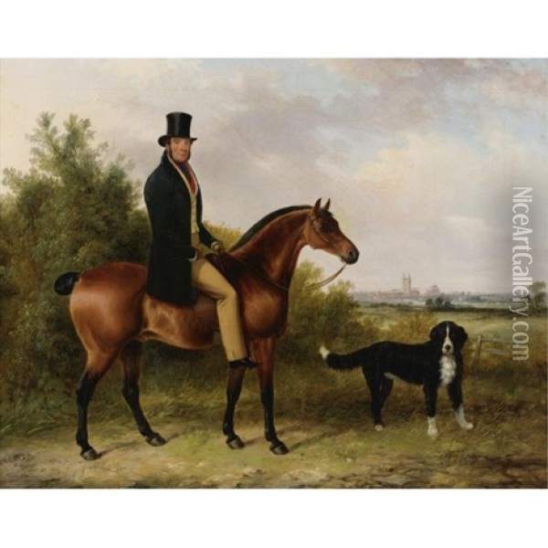 John Peale On His Favorite Hunter And A Dog Oil Painting - George Cole