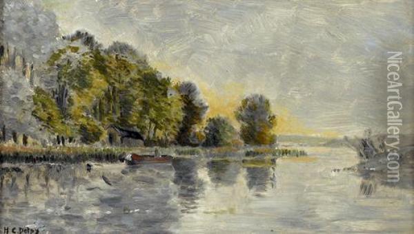 Flusspartie Mit Baumen Und Boot. Oil Painting - Hippolyte Camille Delpy