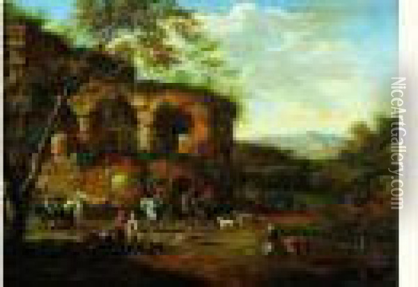 Ruines Antiques Animees De Cavaliers Et De Personnages Oil Painting - Peeter Bout