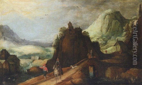 A Moutainous Landscape With A Horsemen On A Bridge Oil Painting - Joos de Momper the Younger