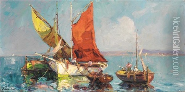 Boats On The Lake Oil Painting - Georgi Alexandrovich Lapchine