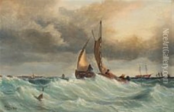 A Marine With Fishermen In A Boat And Several Other Ships Oil Painting - Vilhelm Melbye