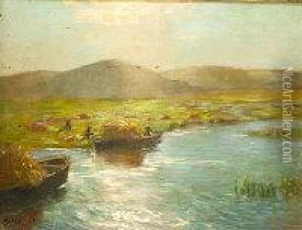 Loading Hay Barges On The River Oil Painting - Julius Olsson