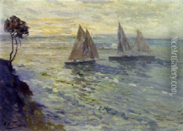Sailboats Near A Rocky Cliff Oil Painting - Elie Anatole Pavil