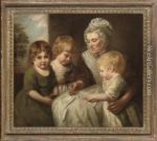 Portrait Of A Governess With 
Three Children, Three-quarter-length, Seated, With A Primer, A Landscape
 Beyond Oil Painting - George Romney