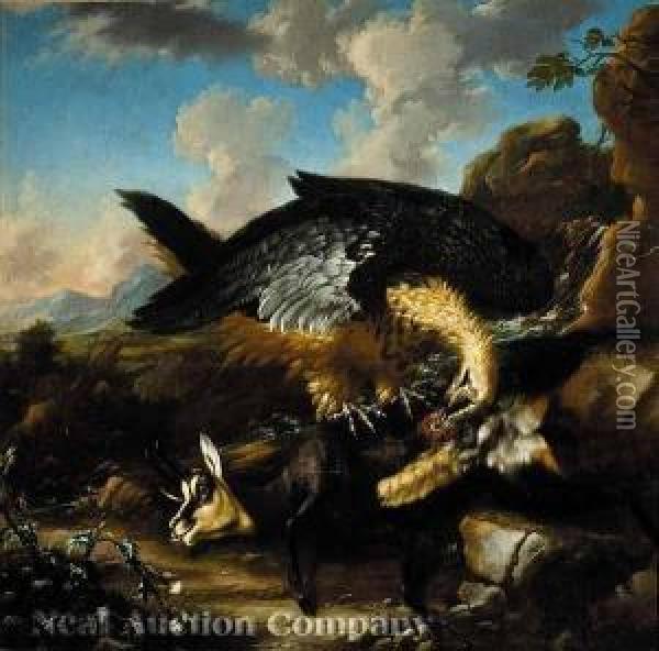 A Monumental Mountain Landscape With An Eagle Attacking A Chamois Oil Painting - Abraham Jansz Begeyn