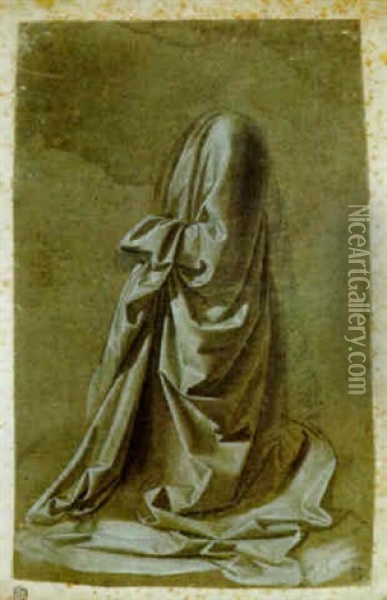 Drapery Study For A Kneeling Figure Facing Left Oil Painting - Leonardo Da Vinci